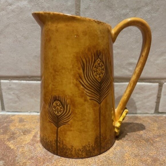 Grasslands Road Vintage Pitcher with Feather Pattern Hand Painted Pottery - Picture 1 of 7